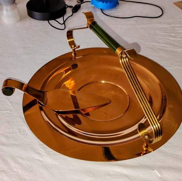 Vintage Rose gold plated mid century cake plate with cake server green lucite ha - Picture 1 of 5